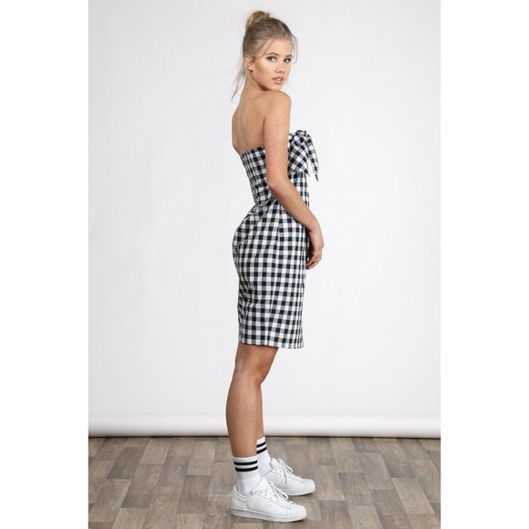Women's Strapless Tie Front Fitted Dress Sexy & Super Cute Checkered Dress - Picture 2 of 12